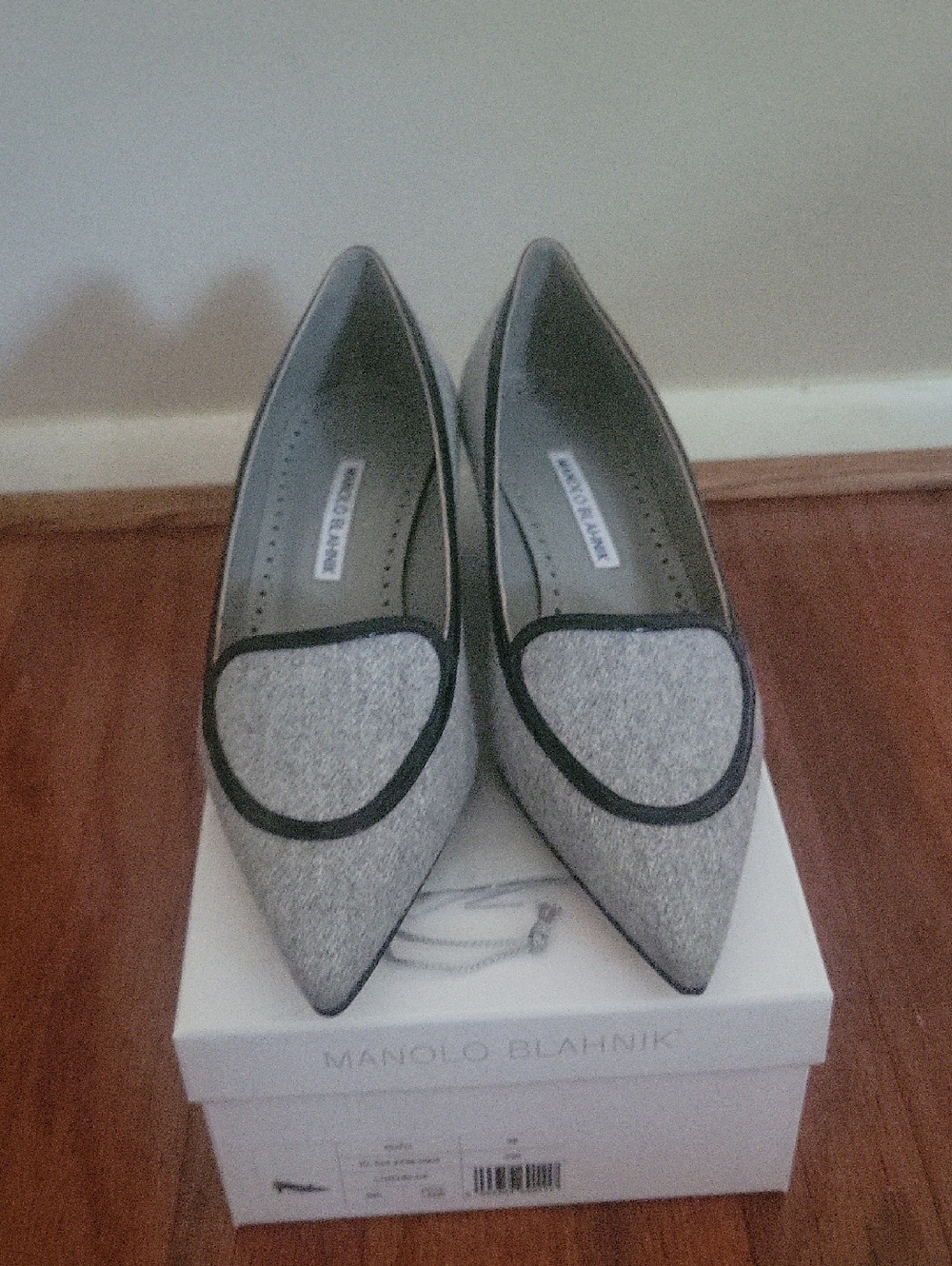 New, Manolo Blahnik Gray Pointed-Toe Flats with Black Leather Trim, Size EU 38